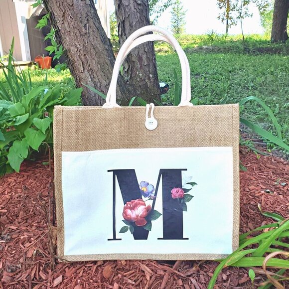 Monogram 'M' Canvas Travel Tote Bag.  Reusable - Grocery, Weekend, Beach Bag - Picture 1 of 16
